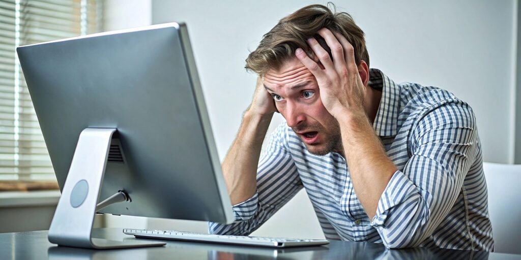 “Frustrated online marketer dealing with shiny object syndrome mistakes