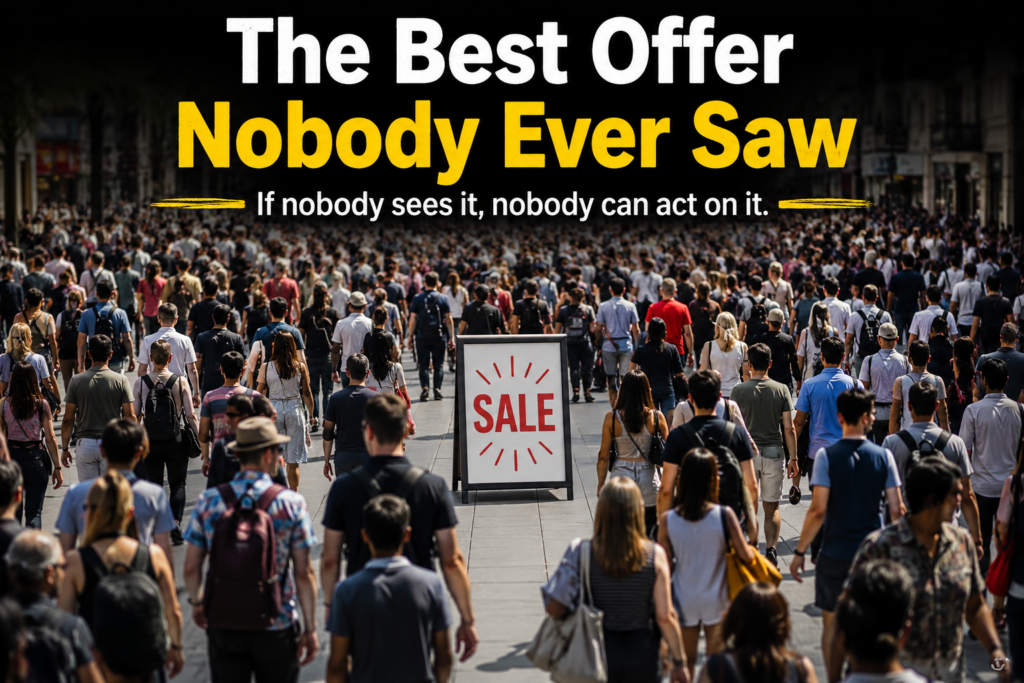 Crowded city street with a SALE sign that goes unnoticed, illustrating how even great offers fail when people don't see them.