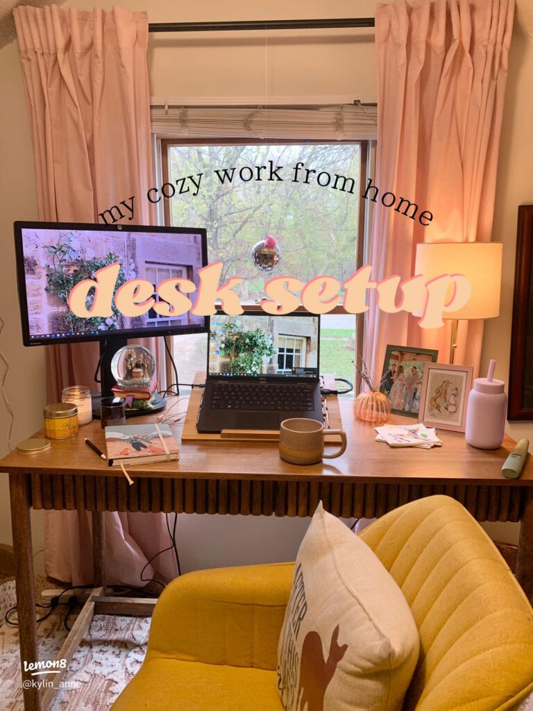 Cozy holiday workspace with a laptop and warm seasonal décor