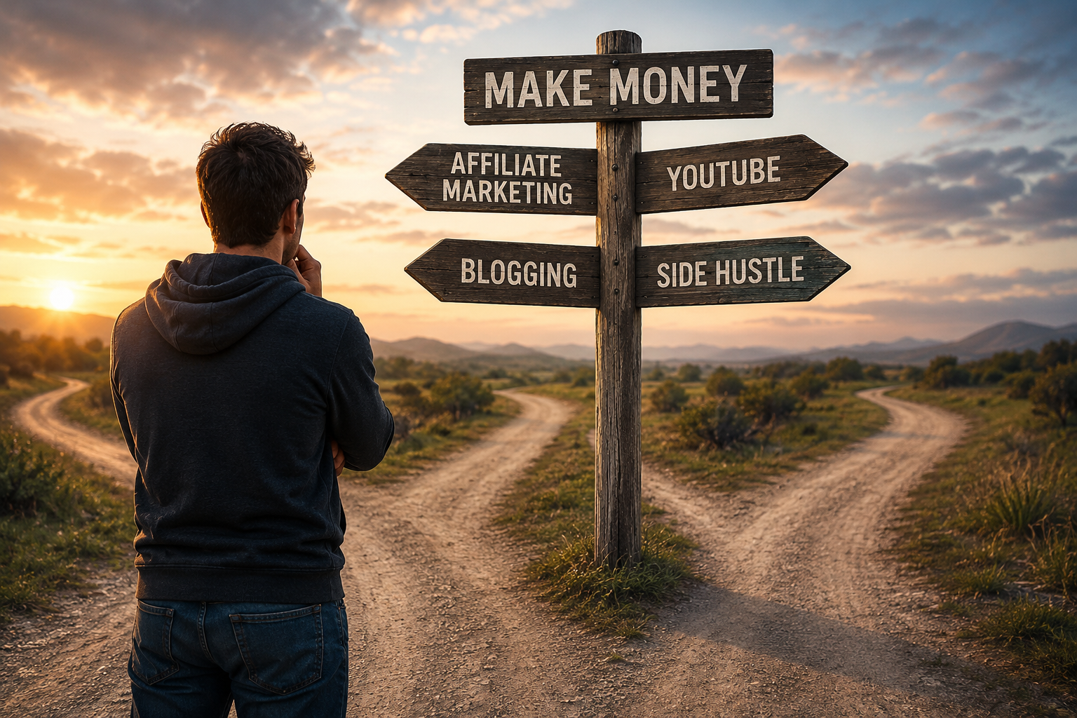 Person standing at a crossroads exploring different ways to earn money online.