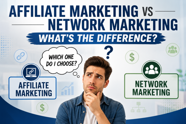 Confused beginner comparing affiliate marketing and network marketing while deciding which online income model to choose.